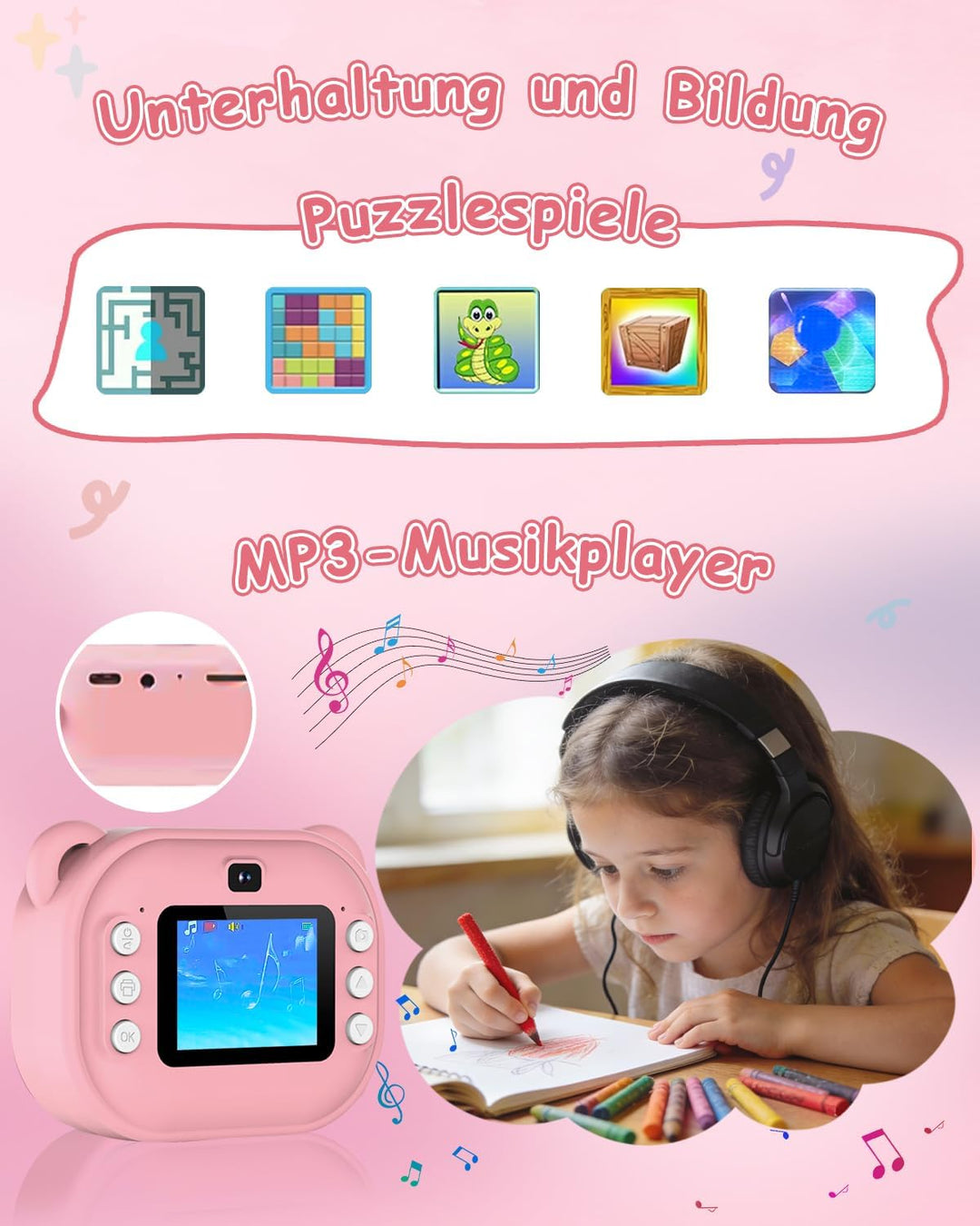 Sofortbildkamera Kinder, 1080P Dual-Linse Kinderkamera Sofortbildkamera, 2" Bildschirm Digitalkamera