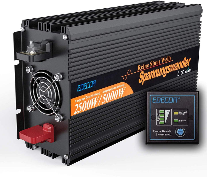 EDECOA Wechselrichter 12v auf 230v Reiner Sinus 2500w Wohnwagen Spannungswandler 2X USB und Fernbedi