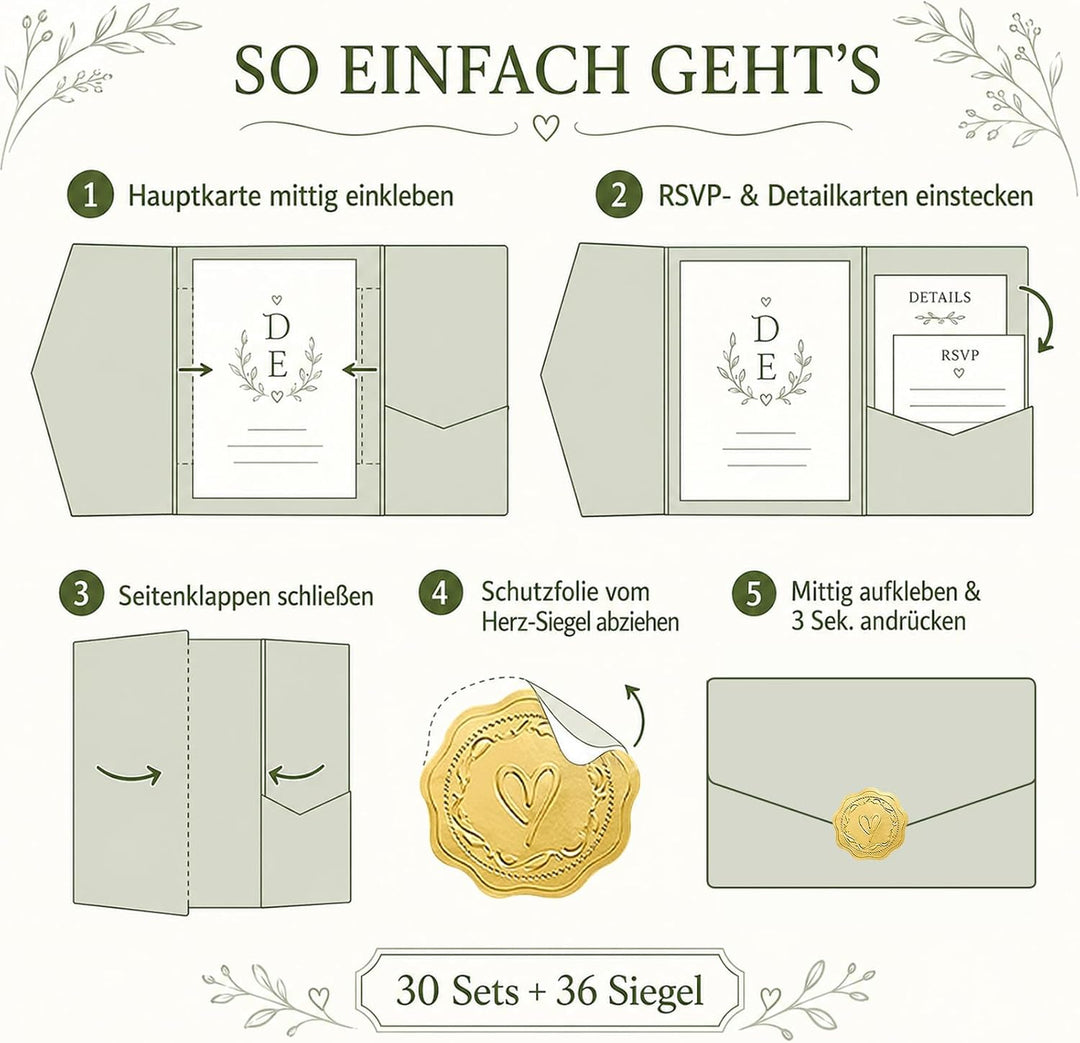 Pocketfold Einladungskarten Blanko Elfenbein, 30 Stück | Dreifachfalz-Design, 36 Goldfolien-Sticker