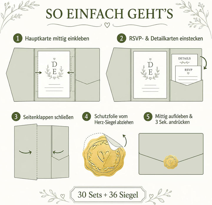 Pocketfold Einladungskarten Blanko Elfenbein, 30 Stück | Dreifachfalz-Design, 36 Goldfolien-Sticker