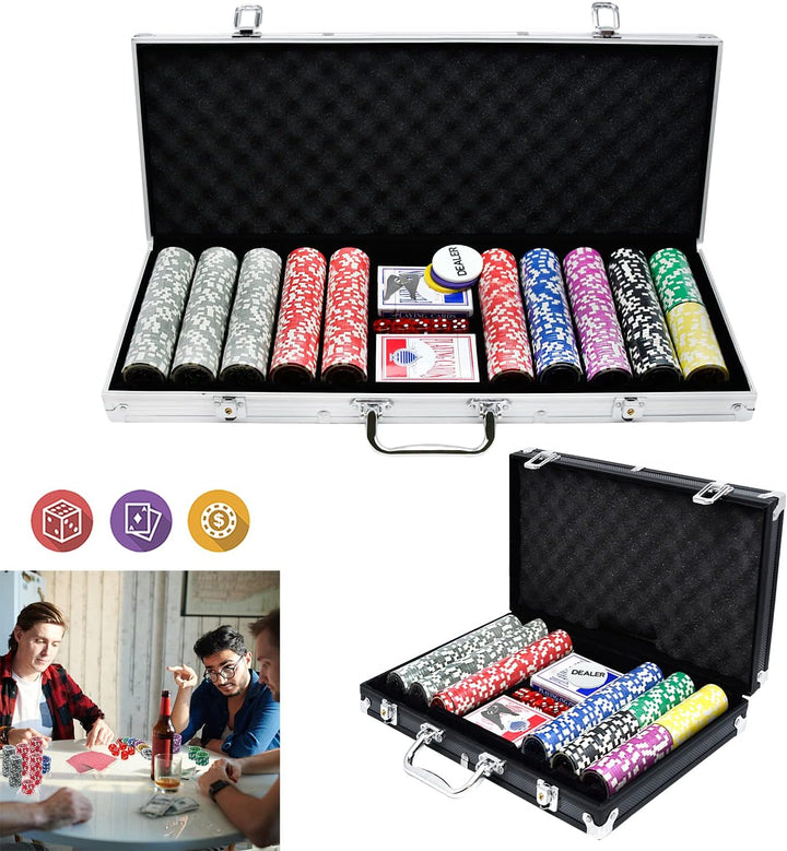 YUENFONG Pokerkoffer Pokerset Silber mit 500 hochwertigen Laser Pokerchips, inkl. 2 Pokerdecks, 5 Wü