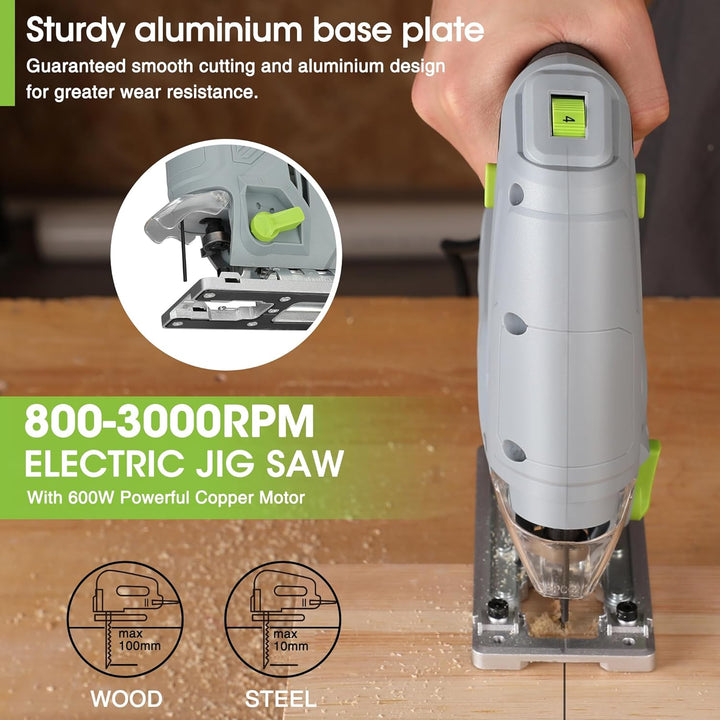WORKPRO Stichsäge 600W, 3000 SPM mit 6 Geschwindigkeiten & 4 Orbitalpositionen, Schnellem Klingenwec