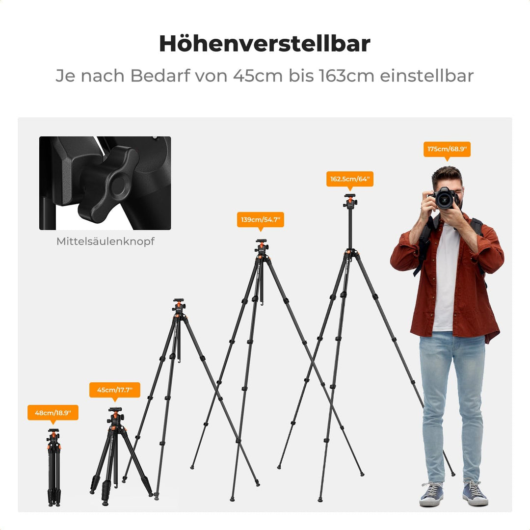 K&F CONCEPT 163CM Aluminium Kamerastativ, leichtes und kompaktes Stativ, Gewicht von 1,2kg und maxim