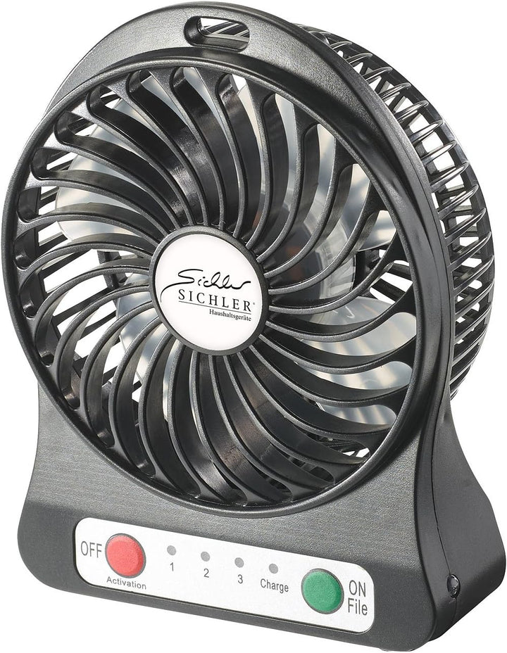 Sichler Haushaltsgeräte Ventilator mit Batterie: 3in1-Akku-Tisch-Ventilator mit Powerbank-Funktion &