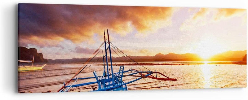 Panorama Bilder auf Leinwand Ufer Boot Strand Leinwandbild mit Rahmen 90x30cm Wandbilder Dekoration