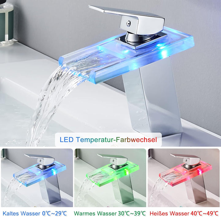 KEOKBON Wasserhahn Bad, LED Lichter Wasserhahn, Einhandmischer Wasserfall Wasserhahn, Kaltes und Hei