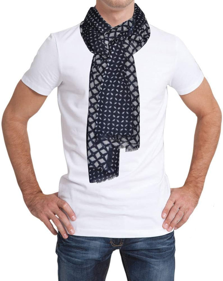 LES POULETTES -Schal 100% Wolle, Blau Navy Rhombuses Grau