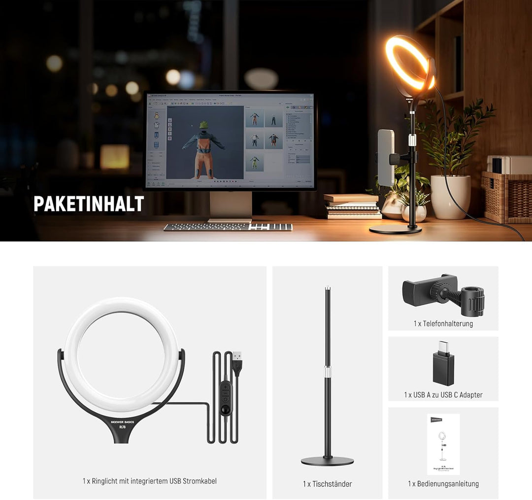 NEEWER Basics 7" Tisch Ringlicht mit Ständer/Handyhalterung kompatibel mit iPhone, 10W CRI95+ zweifa