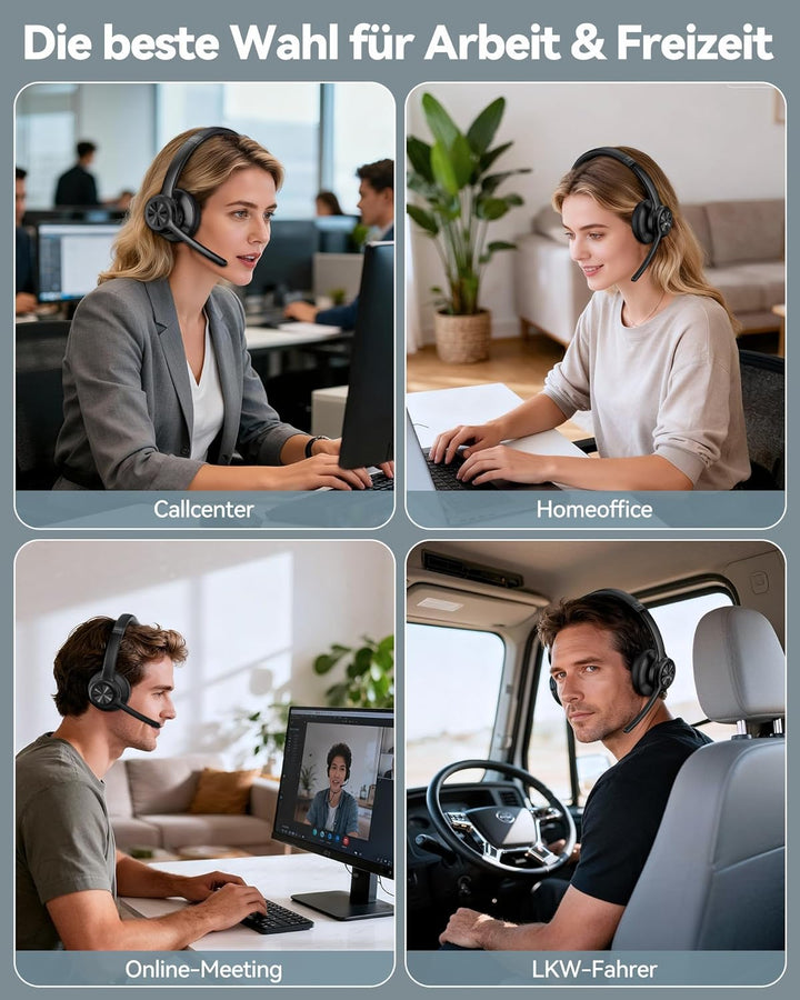 TechRise V5.2 Bluetooth Headset mit Mikrofon, Wireless Headset mit Noise Cancelling und Stummschaltu