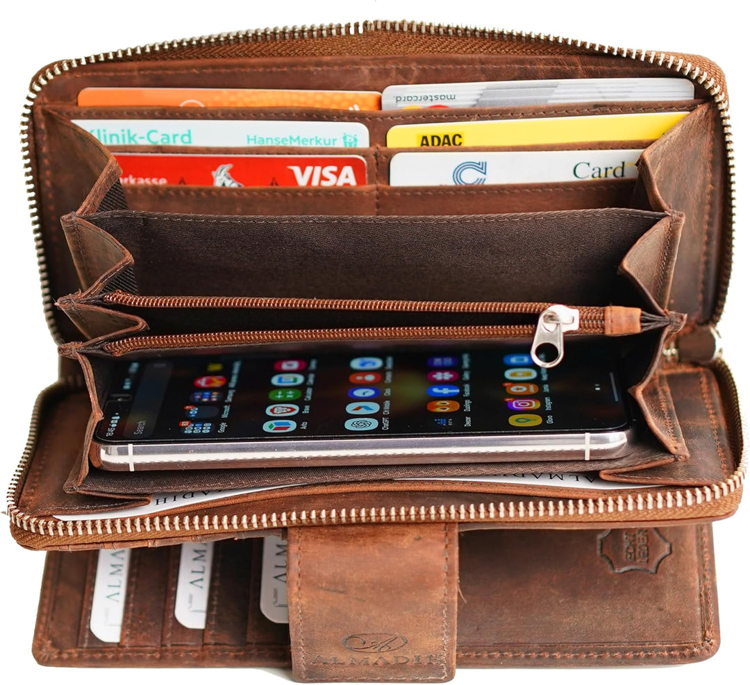 RFID Damen Leder Geldbörse Braun Vintage mit 26 Kartenfächer - MILA Grosse Damen Portemonnaie 7 Eins