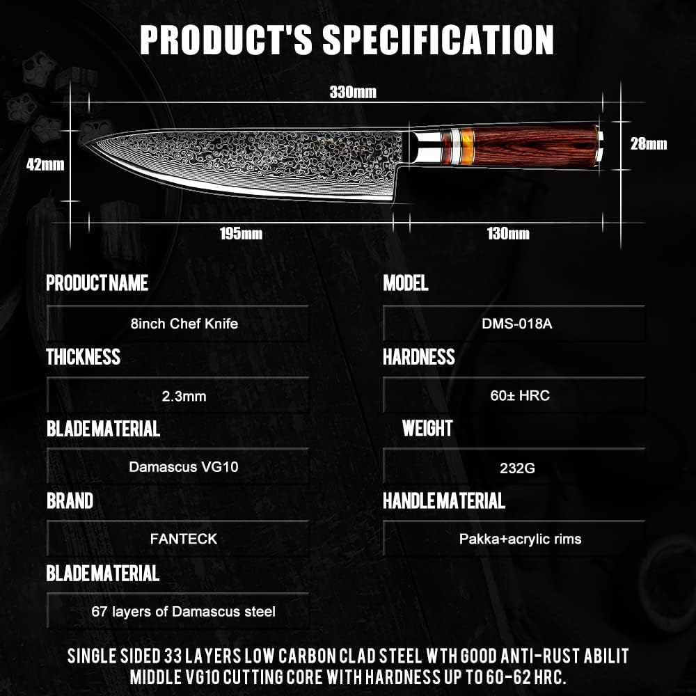 Damastmesser 20cm, FANTECK Scharf Küchenmesser 67 Schichten VG-10 Damaststahl Japanisches Kochmesser
