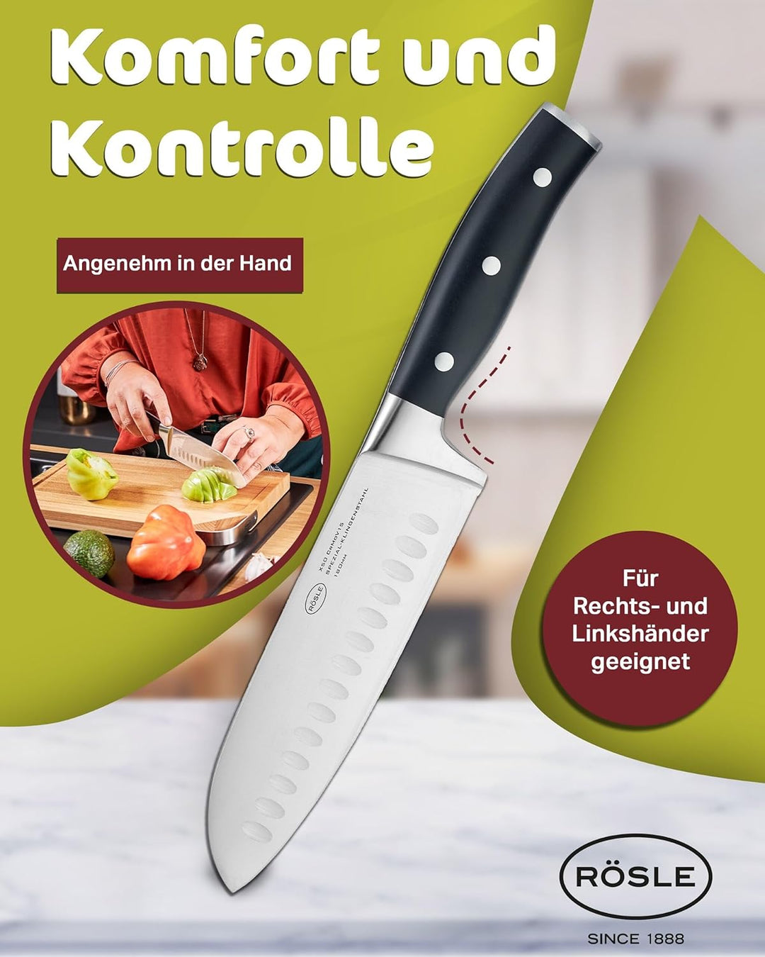 RÖSLE Santokumesser Tradition, Hochwertiges Küchenmesser mit Kullenschliff zum feinen Schneiden von