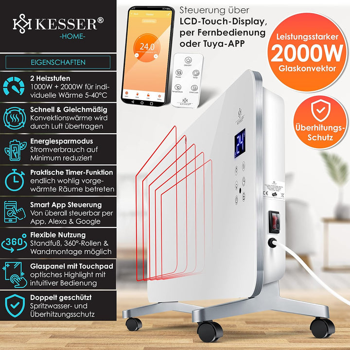 KESSER® Elektro Glasheizung Glaskonvektor Elektroheizung Heizung Heizkörper ✓ Touchscreen ✓ APP WiFi