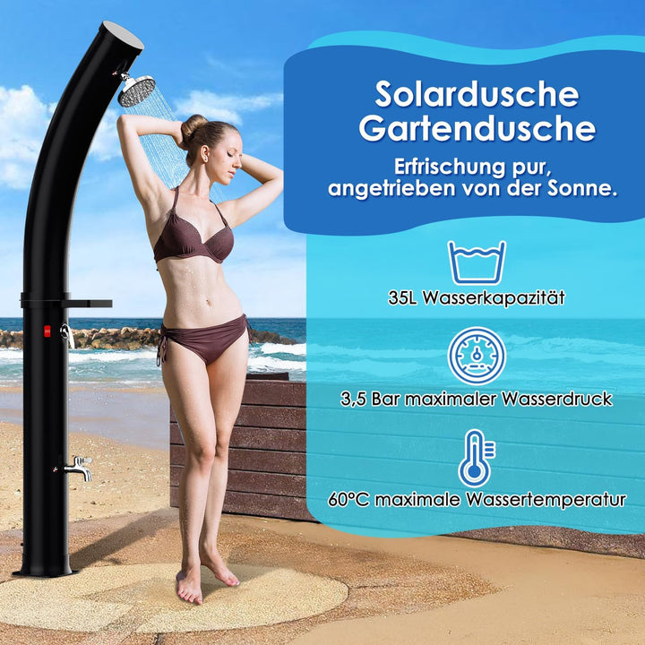 Solardusche 35 Liter in Schwarz - Geschwungene Säule mit 360° Duschkopf - Inklusive Schutzhaube und