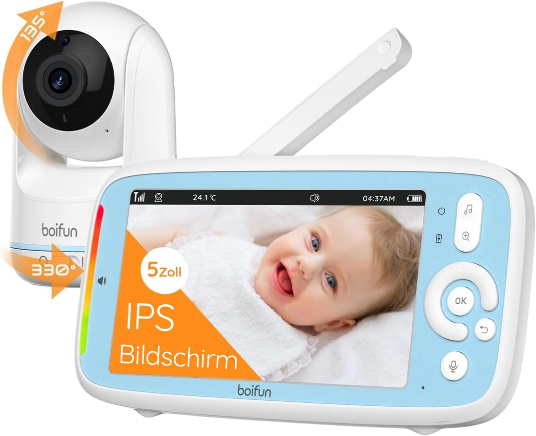 BOIFUN Babyphone mit Kamera, 5'' 720P HD IPS Bildschirm, PTZ 330°/135°, 3×Zoom, VOX Funktion, Zwei-W
