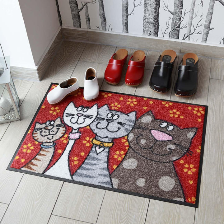 Salonloewe Fussmatte waschbar Katzenfamilie 50x75 cm HausTür-Eingangs-Matte lustig rot-bunt Tiere Fu
