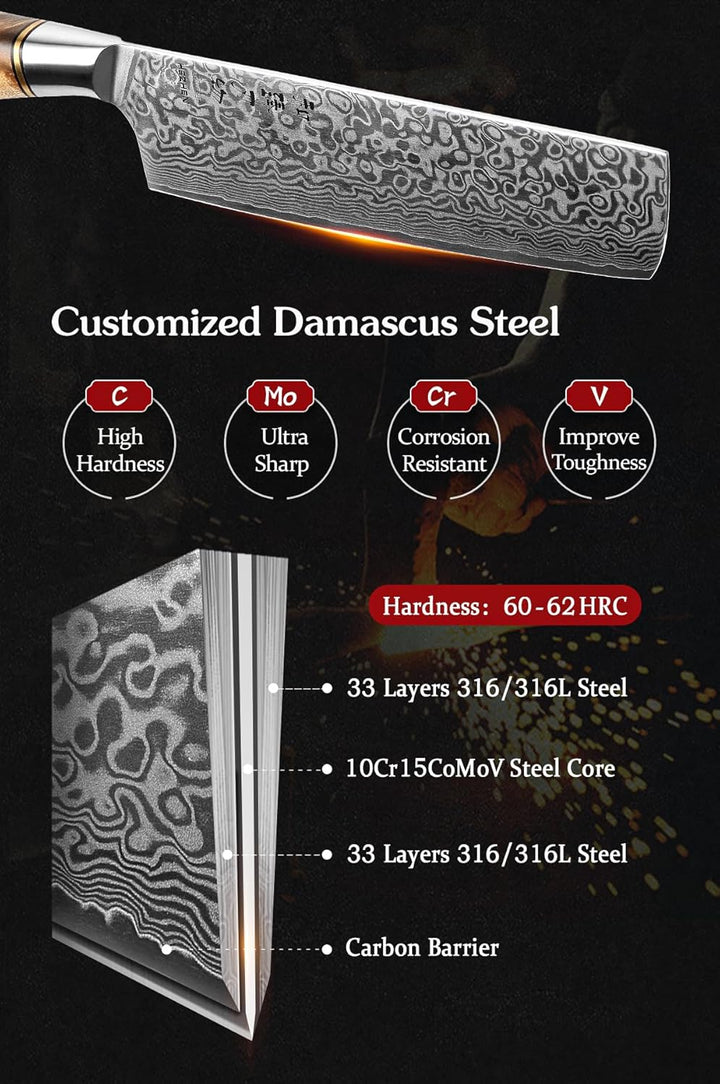 HEZHEN 18CM Japanischer Stil Damast Nakirimesser, Küchenmesser 67 Schicht Damaskus Stahl Kochmesser,