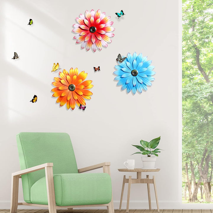 3 Stück Metall-Blumen-Wandkunst, 3D-Metall-Gänseblümchen, Wanddekoration, mehrere Schichten, hängend