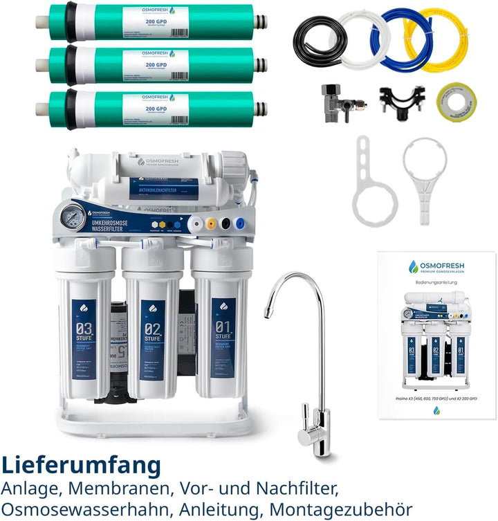 OsmoFresh® Osmoseanlage Proline X3 | 600 GPD | 1,6l/min | unter Spüle | mit Osmosehahn | vom Premium