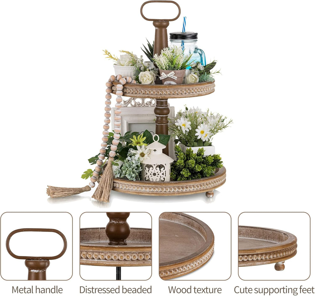 Hanobe Holztablett Deko Tablett Rund: Braun Serviertablett Holz mit 2 Ebenen Bauernhaus Dekotablett