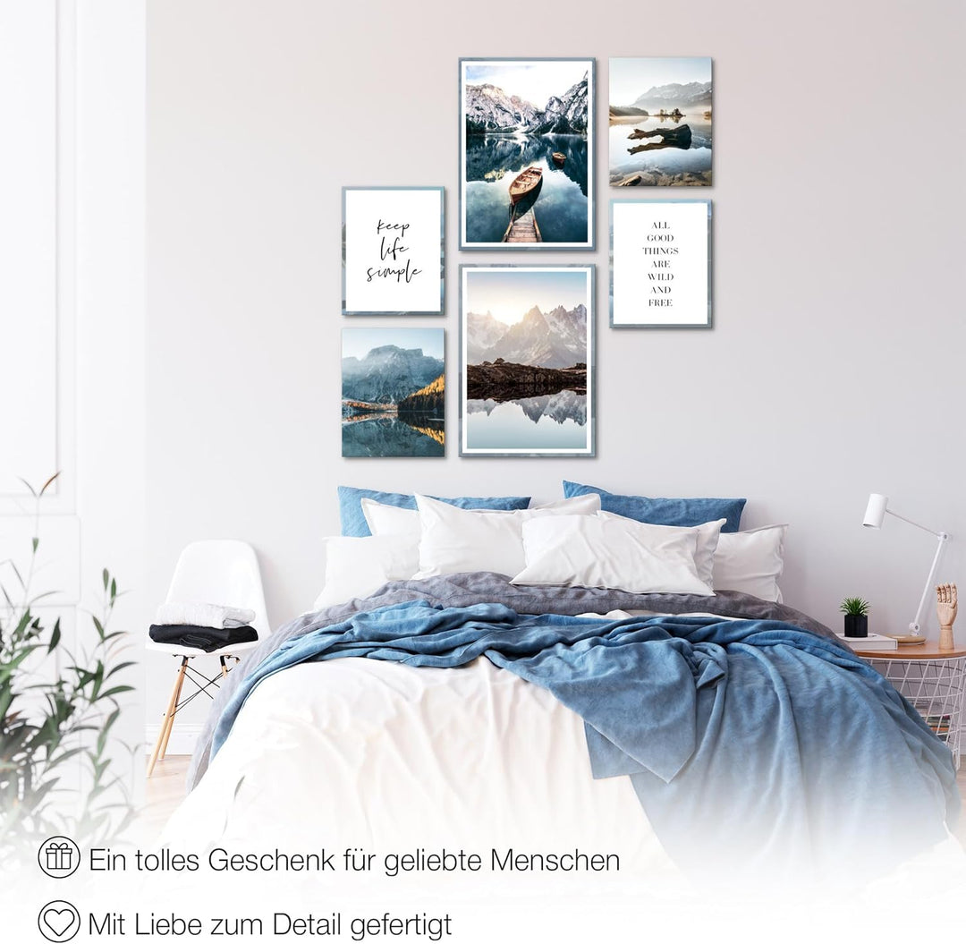 Novart Wandbilder Set Berge und See Natur - KEIN EXTRA RAHMEN BENÖTIGT - Modern Deko - Wohnzimmer Sc