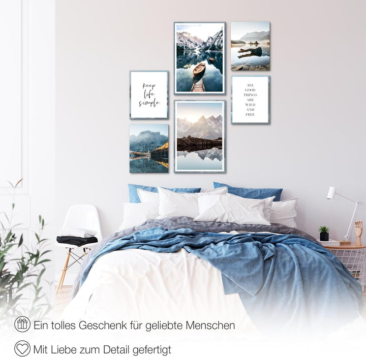 Novart Wandbilder Set Berge und See Natur - KEIN EXTRA RAHMEN BENÖTIGT - Modern Deko - Wohnzimmer Sc