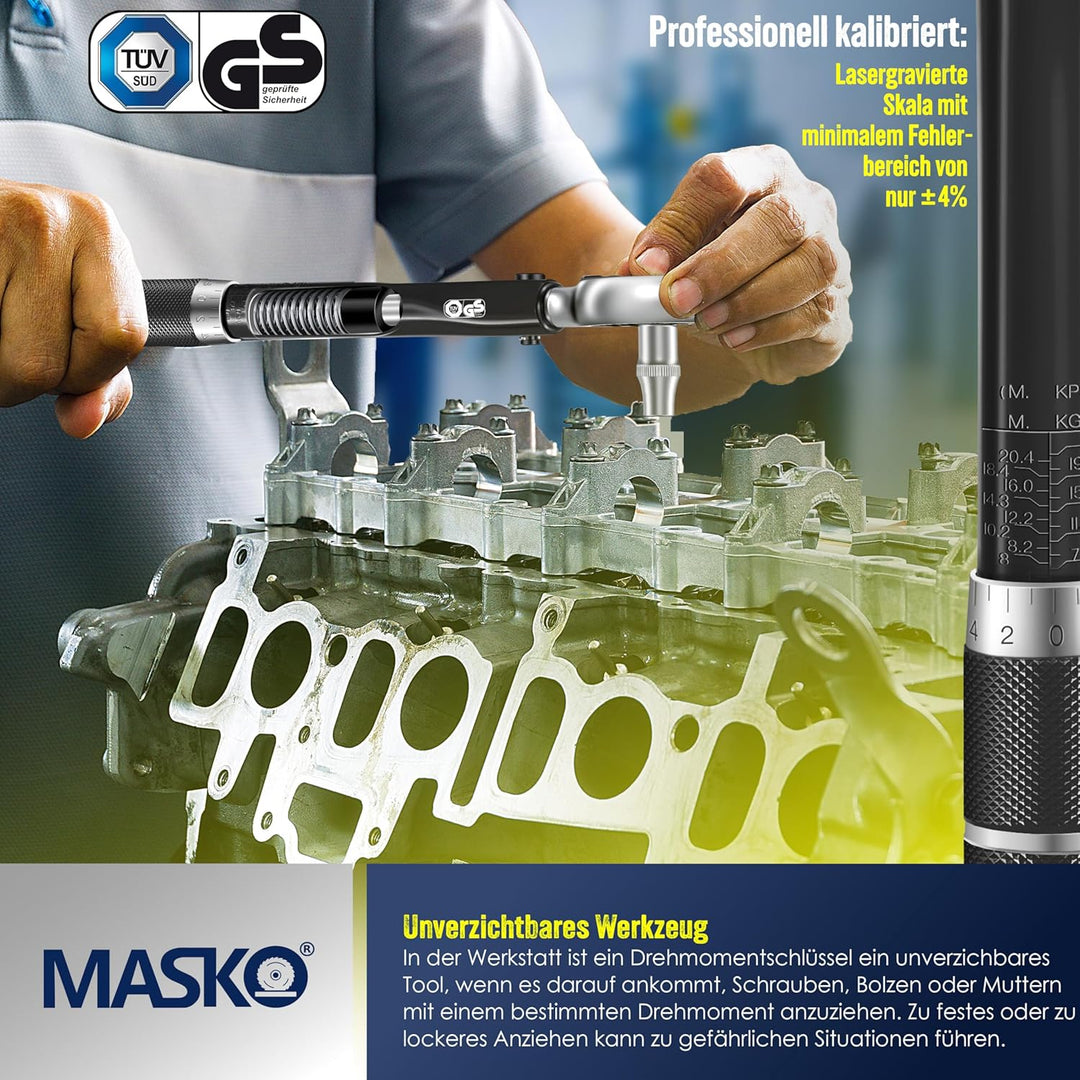 MASKO® Drehmomentschlüssel 6tlg. Set 40-210Nm 1/2' CV inkl. 3 Stecknüsse 17mm 19mm 21mm & Verlängeru