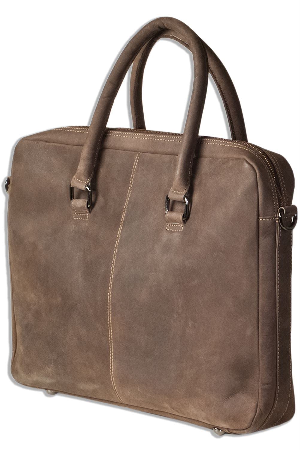 Woodland Laptoptasche/Aktentasche aus naturbelassenem, weichem Büffelleder in Dunkelbraun/Taupe