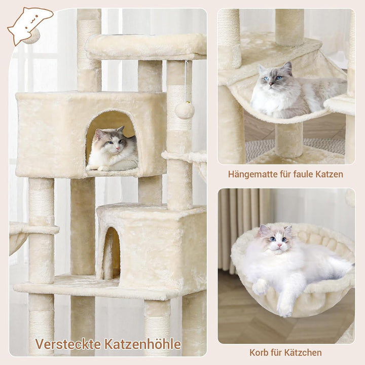 MSmask Kratzbaum gross, 180 cm hoch Katzenbaum mit Sisalstämmen, 2 Plattformen, 2 Katzenhöhlen, Korb