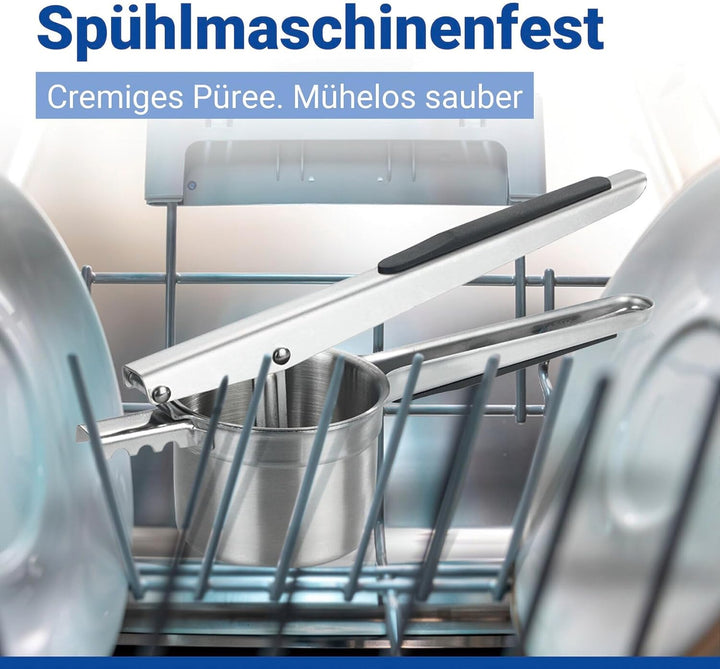 Multi-Presse XL aus Edelstahl, grosse Kartoffelpresse und Küchenpresse mit 4 Einsätzen, 330 ml Volum