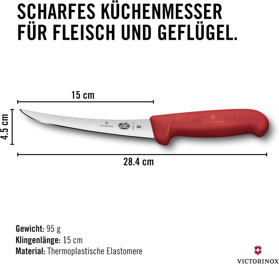 Victorinox Fibrox Ausbeinmesser, Scharfes Küchenmesser für Fleisch und Fisch, 15 cm, Gebogene Klinge