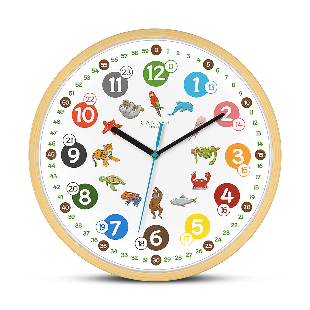 Cander Berlin MNU 2430 T Wanduhr Kinder Holzmotiv 30,5 cm Tiere Lernuhr Holzuhr lautlos geräuschlos