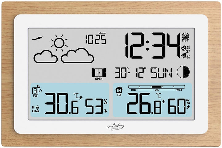 infactory Barometer: Funk-Wetterstation im Echtholz-Rahmen, Wettervorhersage, Uhr, Wecker (Wettersta