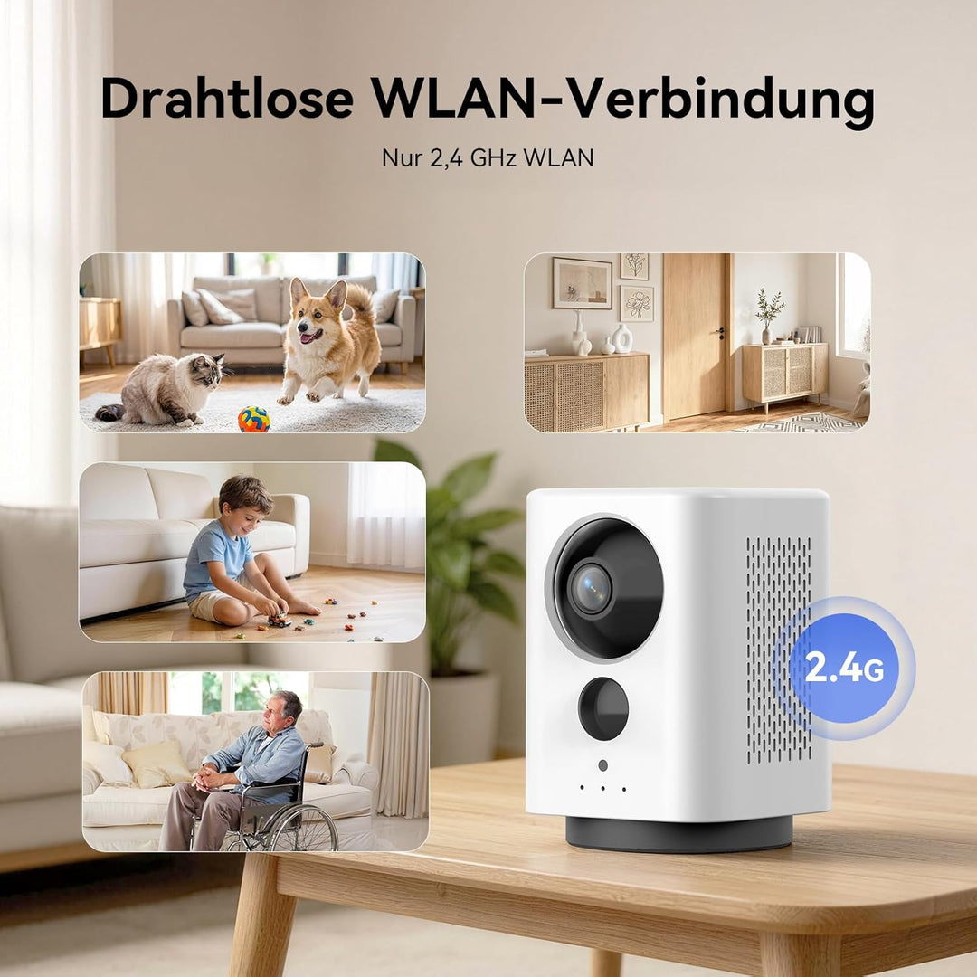 2K WLAN Überwachungskamera Innen 7800mAh Akku, Indoor Kamera Kabellos | 360° PTZ, Aufladbar IP Innen
