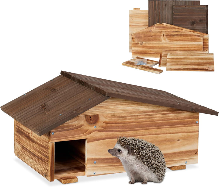 Relaxdays Igelhaus, Holz, Igelhotel mit Boden, 2 Kammern, Winterquartier für Igel, Garten, HBT: 24x4