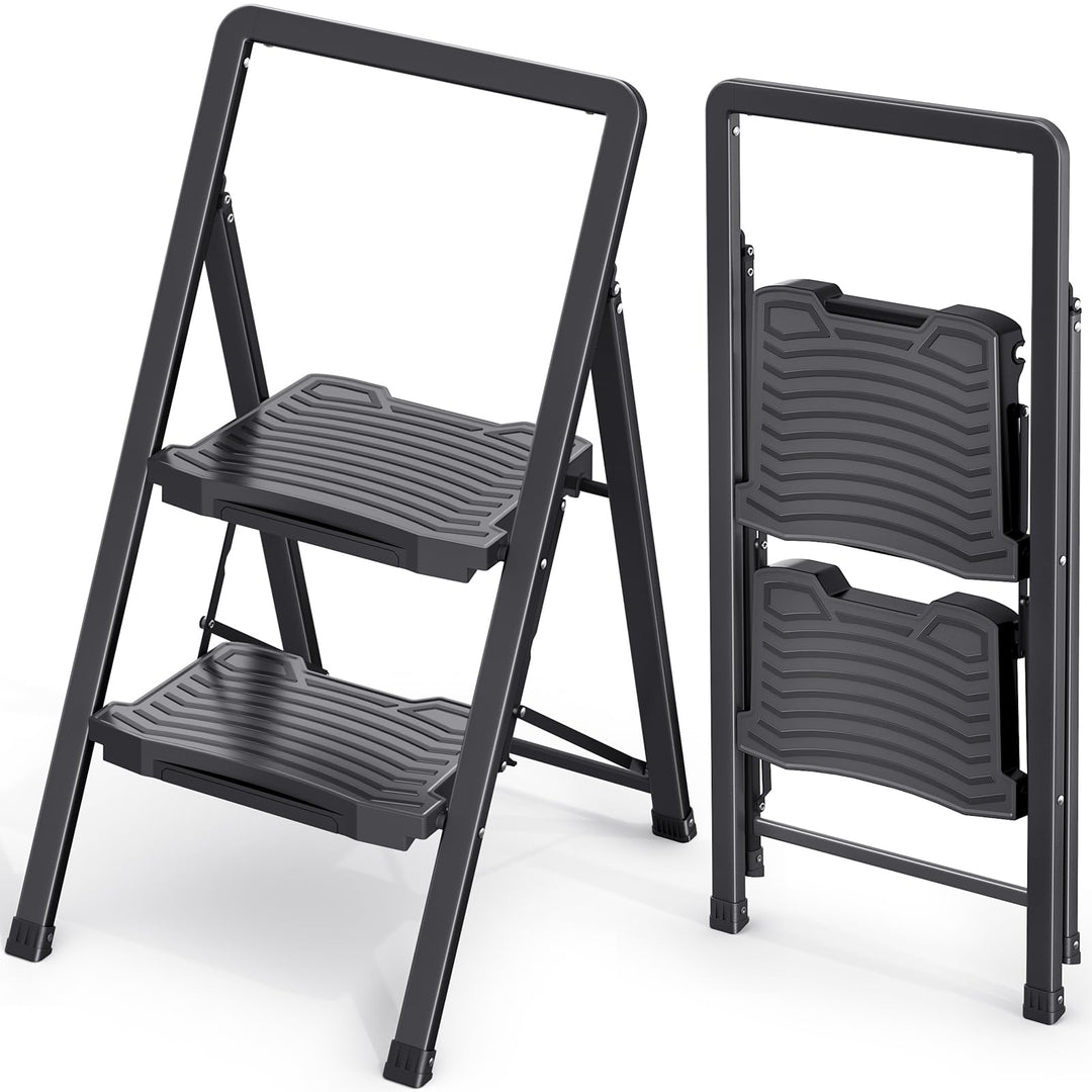 KINGRACK Trittleiter 2 Stufen, Leiter Klappbar mit Handlauf Belastbar bis 150 kg, Rutschfester Tritt