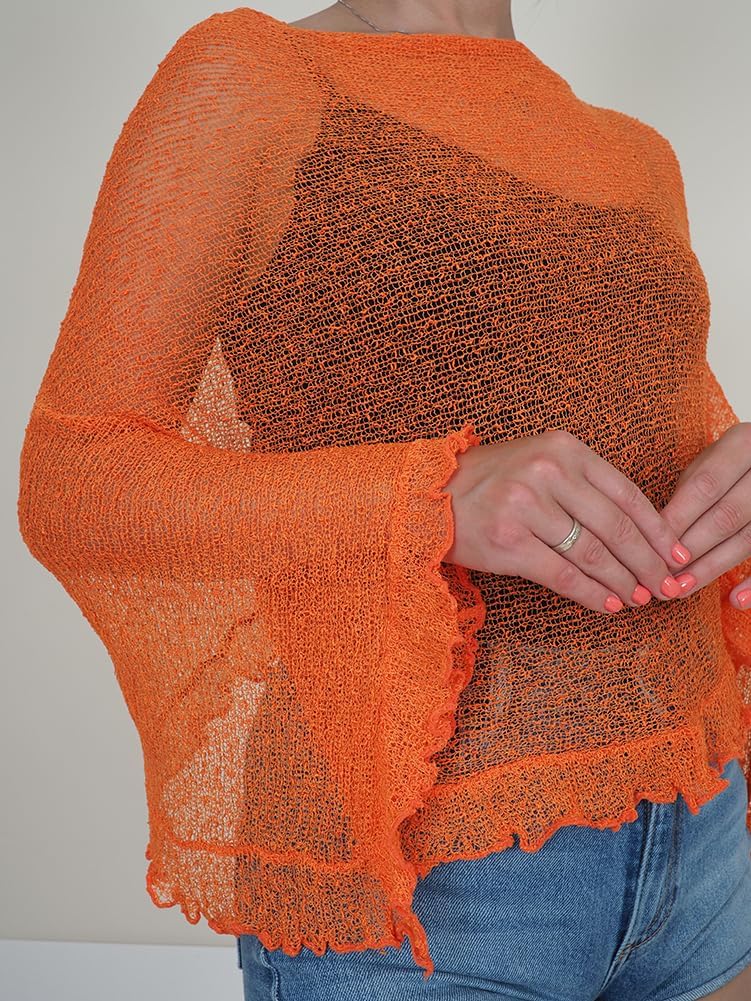Mimosa Damen Poncho, Stretch, Spitze, Fischnetz, Bali, gehäkelt, Fledermausärmel, Rüschen, klein, Or
