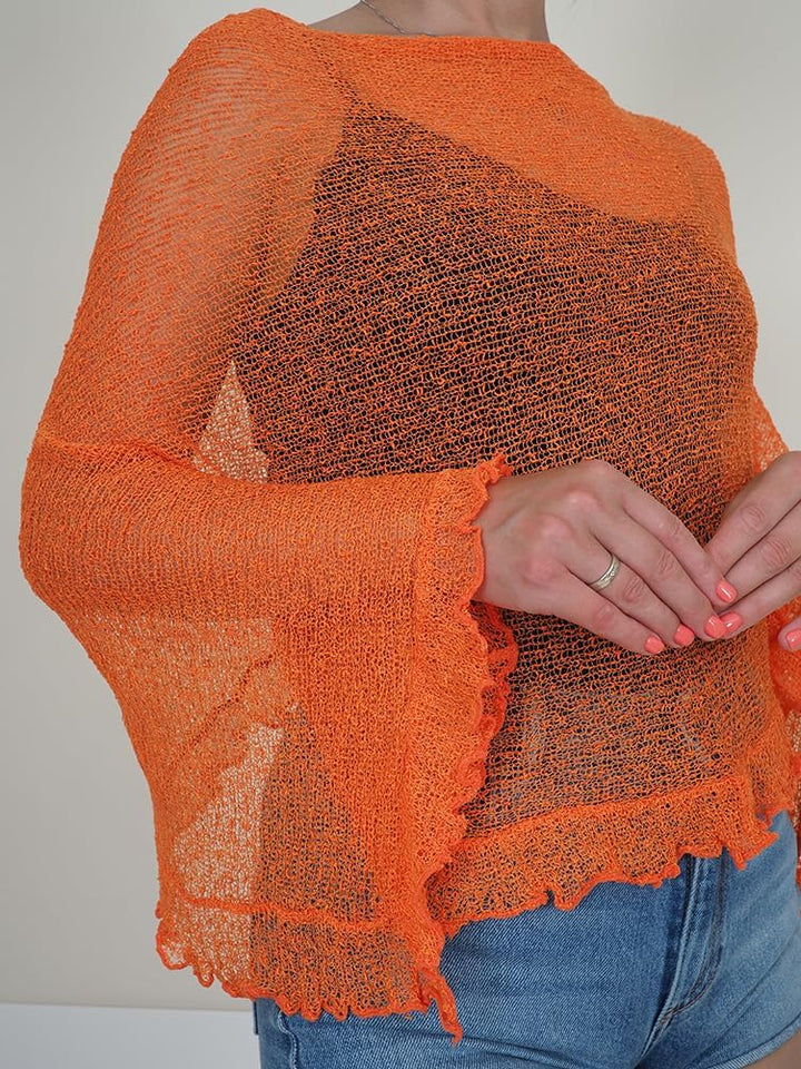 Mimosa Damen Poncho, Stretch, Spitze, Fischnetz, Bali, gehäkelt, Fledermausärmel, Rüschen, klein, Or