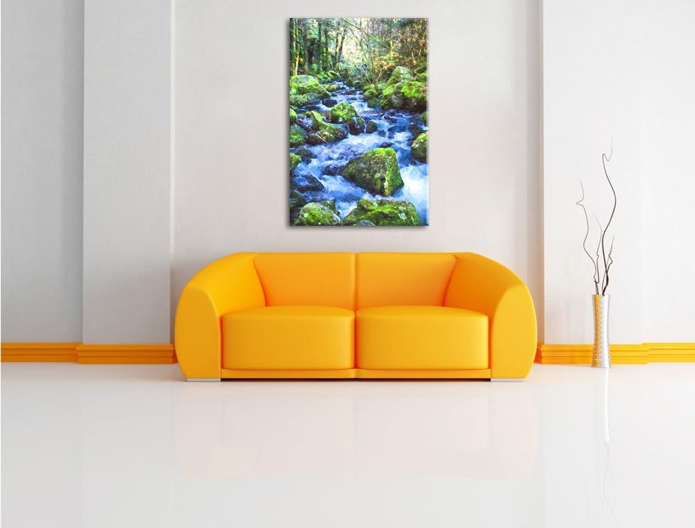 Pixxprint Wilder Bach im Wald als Leinwandbild/Grösse: 100x70 cm/Wandbild/Kunstdruck/fertig bespannt