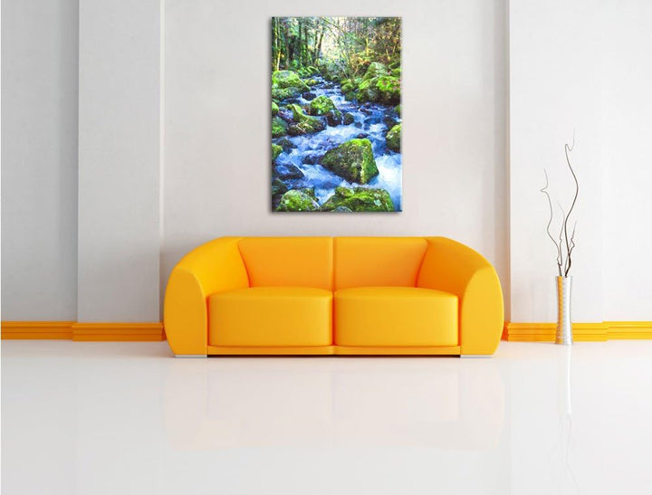Pixxprint Wilder Bach im Wald als Leinwandbild/Grösse: 100x70 cm/Wandbild/Kunstdruck/fertig bespannt