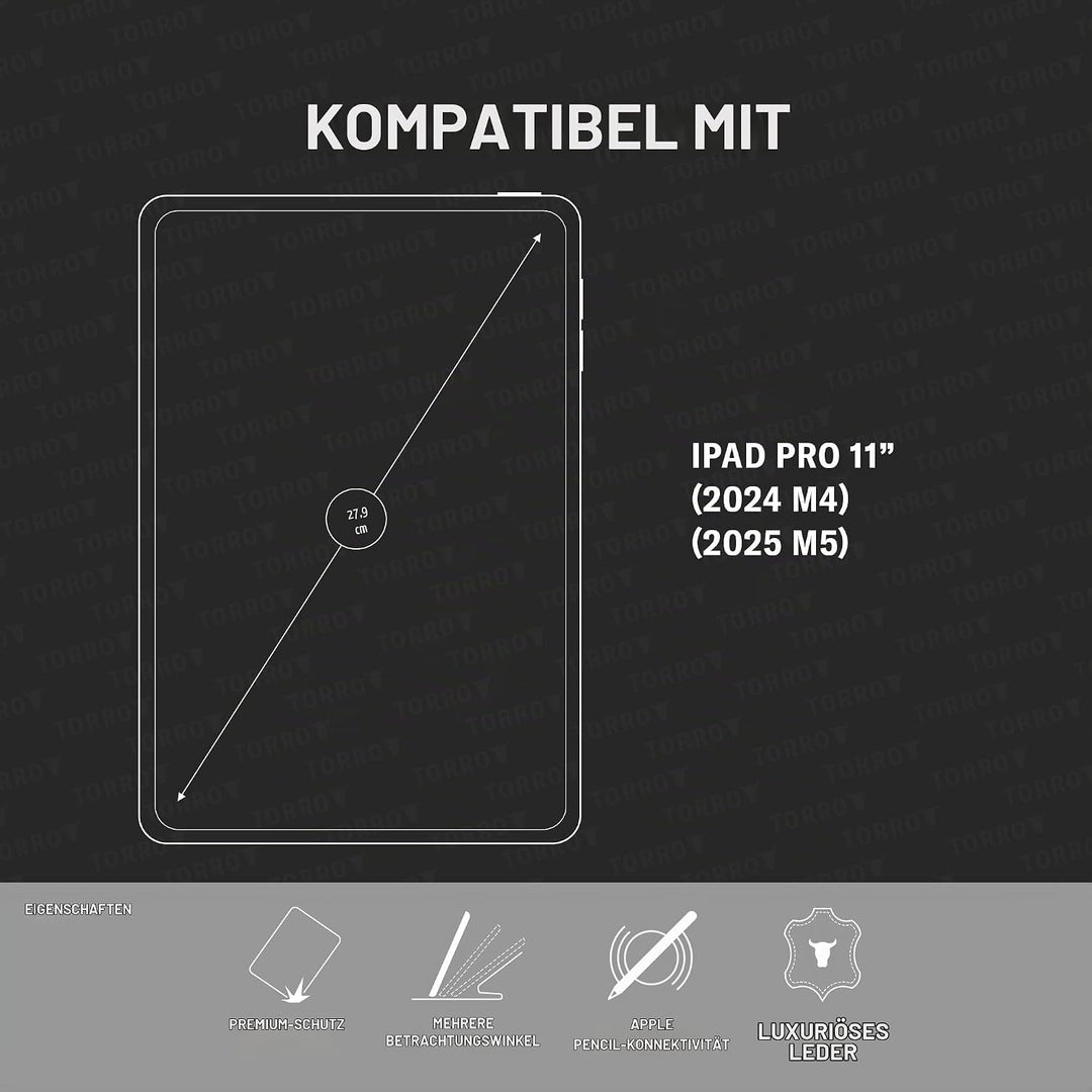 TORRO Lederhülle kompatibel mit iPad Pro 11" M5 / M4 - Echtleder iPad Pro 11 2025/2024 Hülle mit Sta