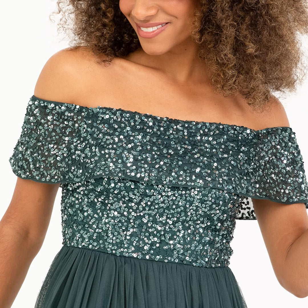 Maya Deluxe Damen Ladies Bardot Dresses Women Midi High Empire Waist Sequins Embellished Formal Even