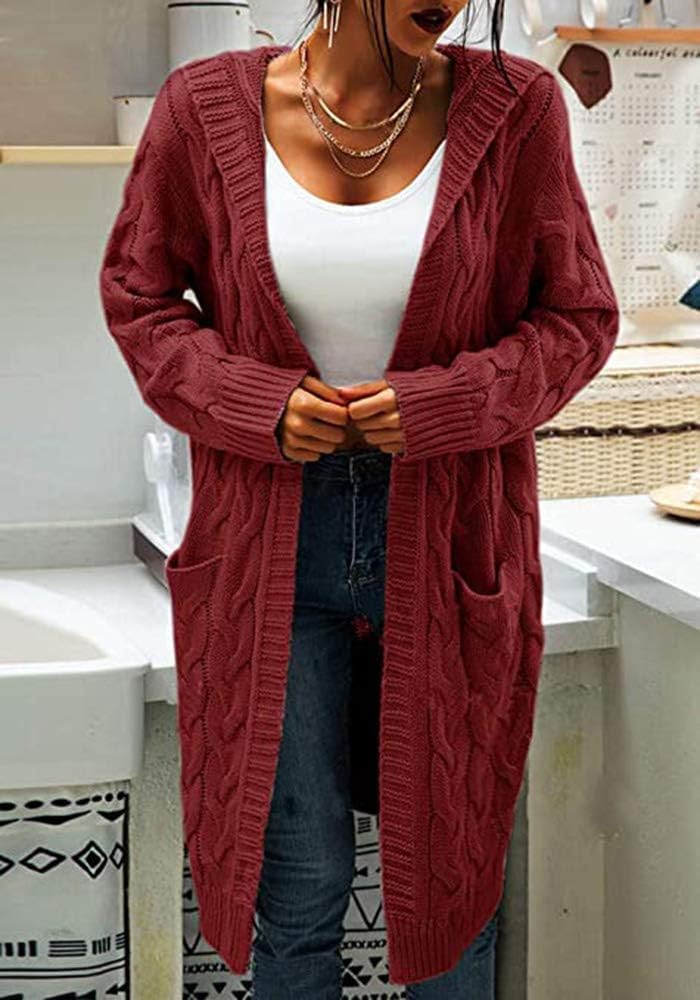 GeGekoko Strickjacke Damen mit Kapuze Langarm Grobstrick-Cardigan Open Front Sweater Herbst Winter C