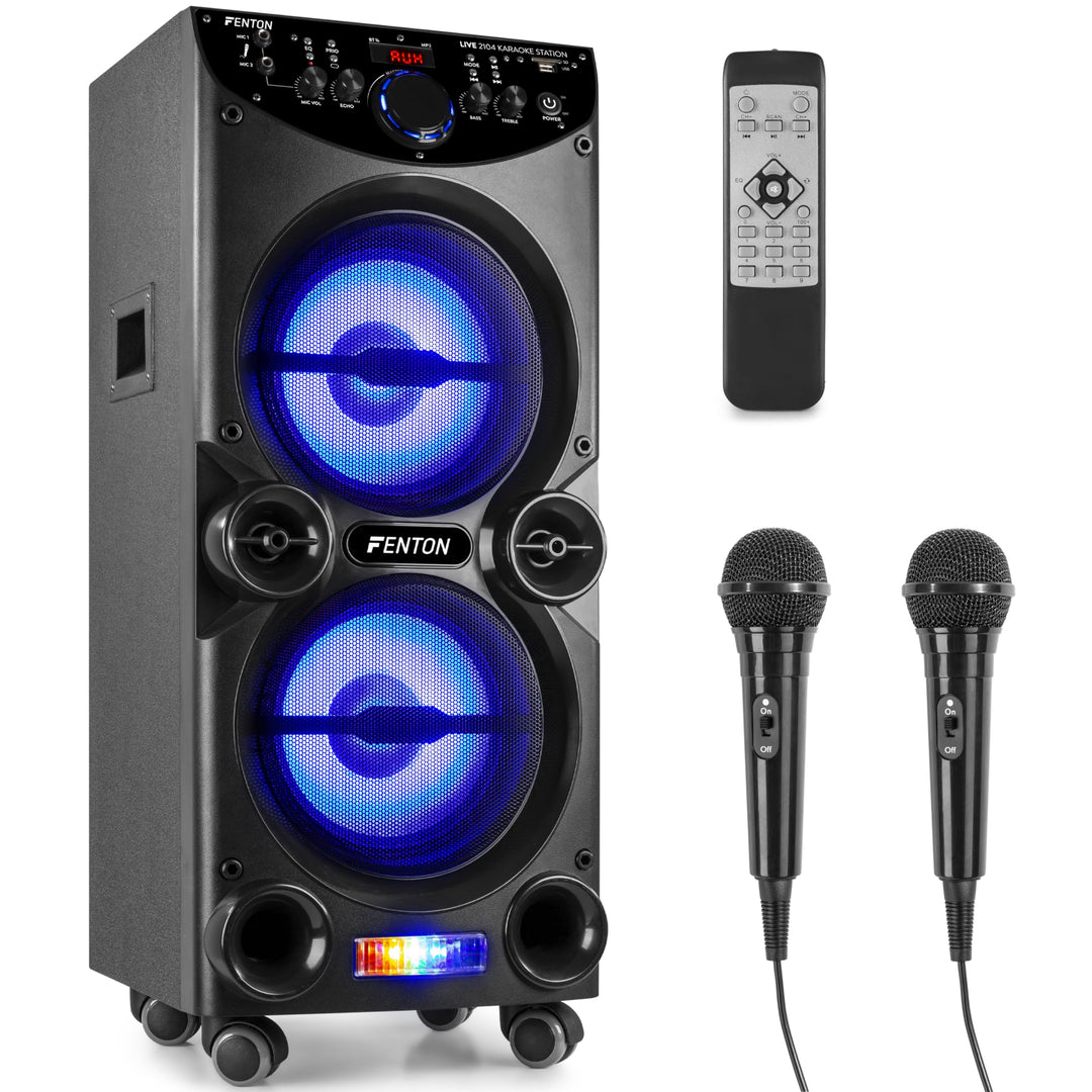 Fenton LIVE2104 - Karaoke Anlage mit 2 Mikrofonen, Bluetooth Karaoke Box, Fernbedienung, MP3-Player