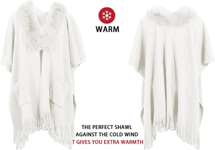 Rayson Poncho Damen Vintage Schal Wrap Schal Mit Plüschausschnitt Und Seitentaschen Open Front Ponch