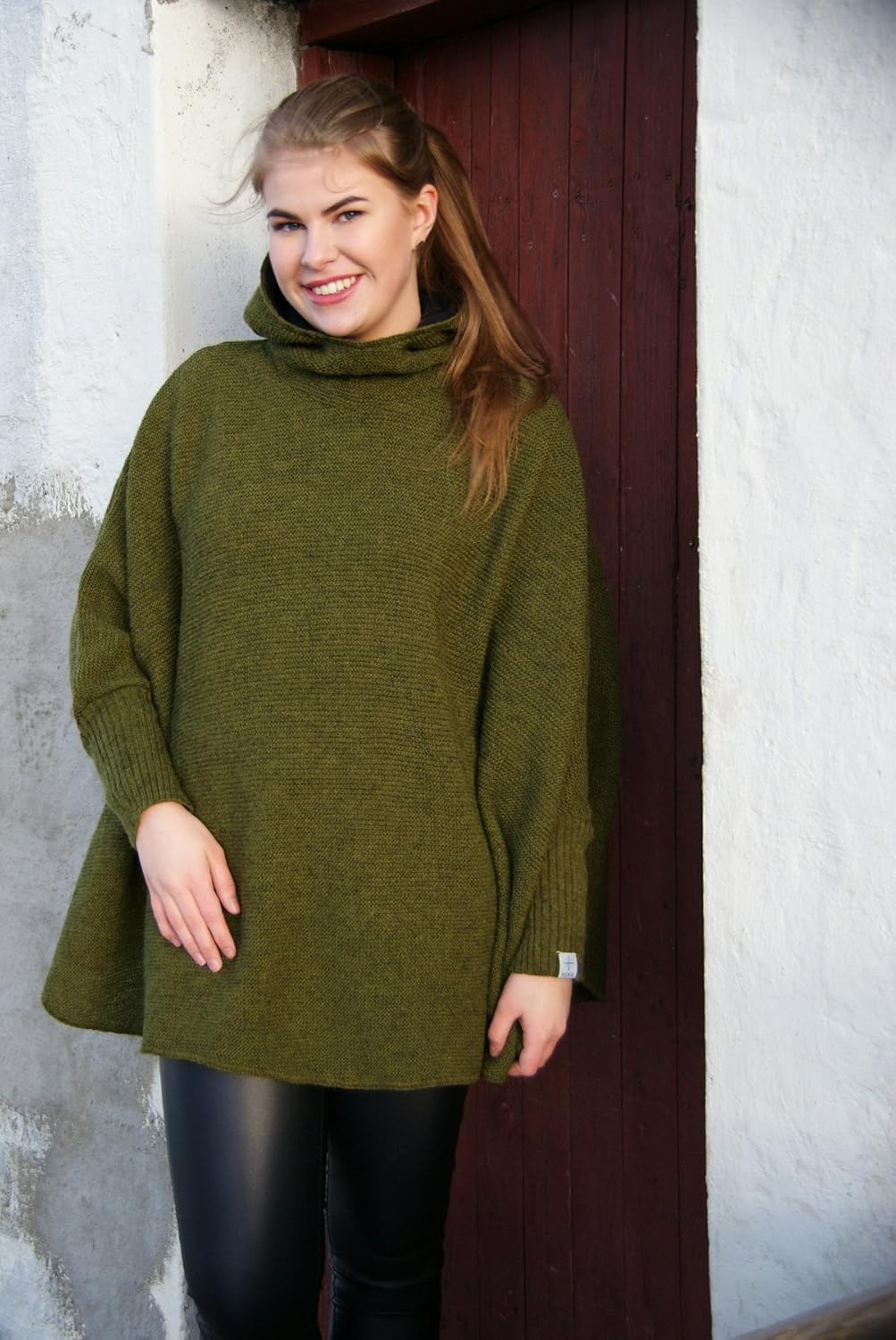 kidka Damen Mädchen Strick-Poncho Umhang Cape mit Kragen - moosgrün Einheitsgrösse Grosse Grössen Mo
