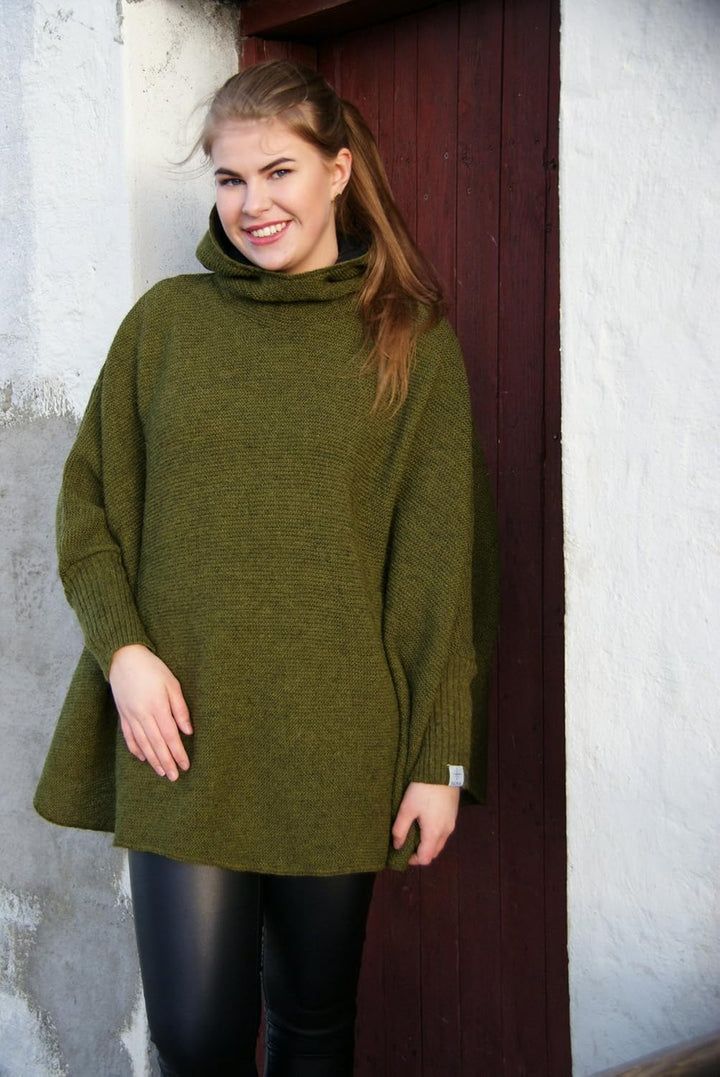 kidka Damen Mädchen Strick-Poncho Umhang Cape mit Kragen - moosgrün Einheitsgrösse Grosse Grössen Mo