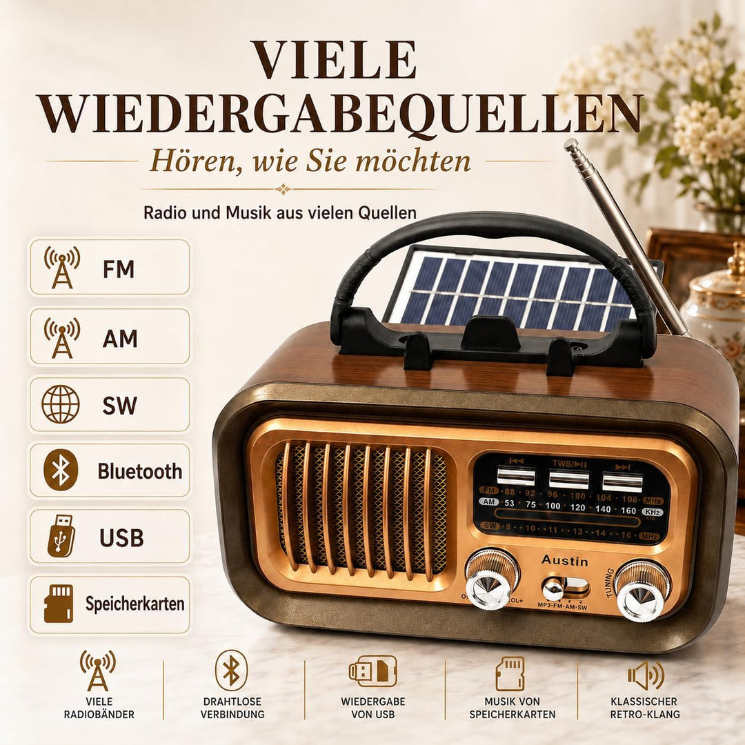 Retropolis Austin Retro Radio – Vintage Design mit Solar, USB, microSD, Bluetooth 5.0, 1200mAh Akku,