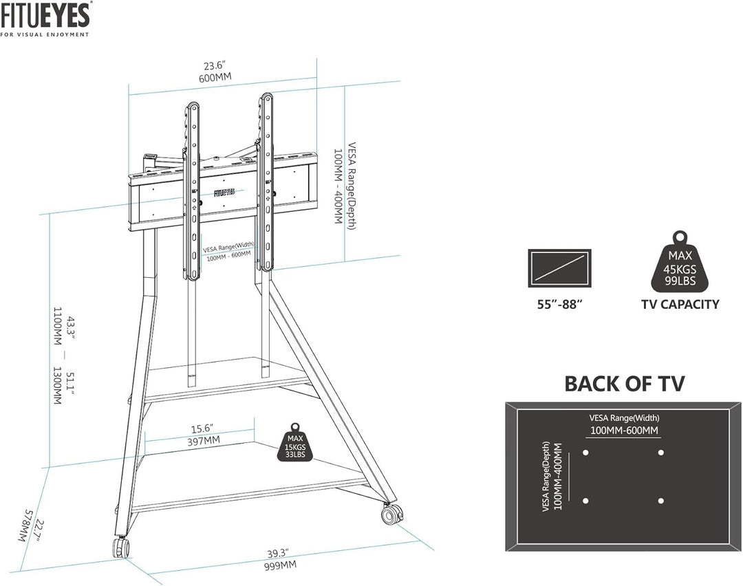 FITUEYES Design TV Ständer Rollbar für 55-88 Zoll Fernseher Mobiler TV Stand höhenverstellbar schwen