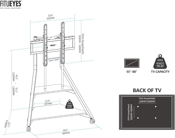 FITUEYES Design TV Ständer Rollbar für 55-88 Zoll Fernseher Mobiler TV Stand höhenverstellbar schwen